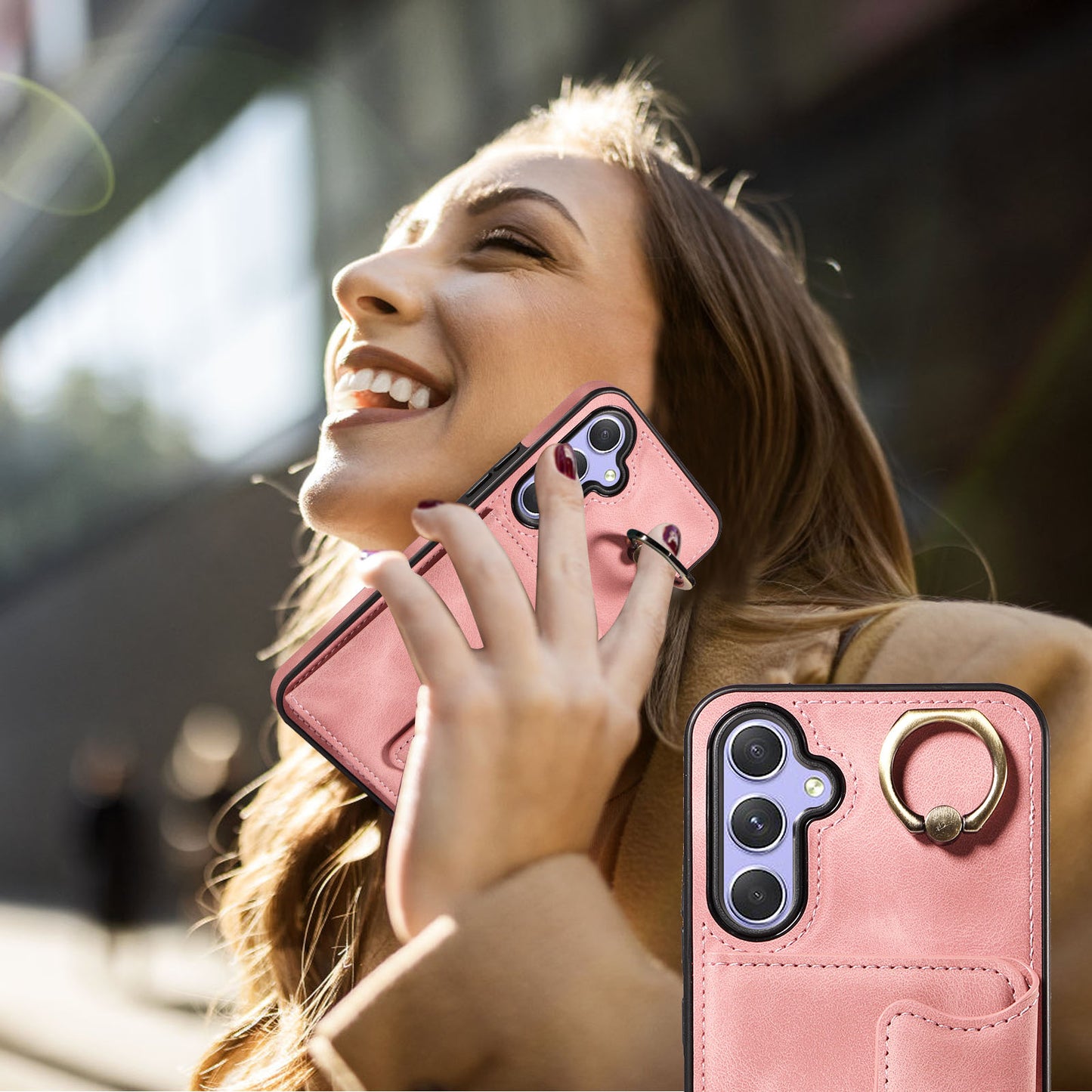 001 For Samsung Galaxy A54 5G Card Holder Phone Case Ring Kickstand Anti-drop PU Leather+TPU Cover