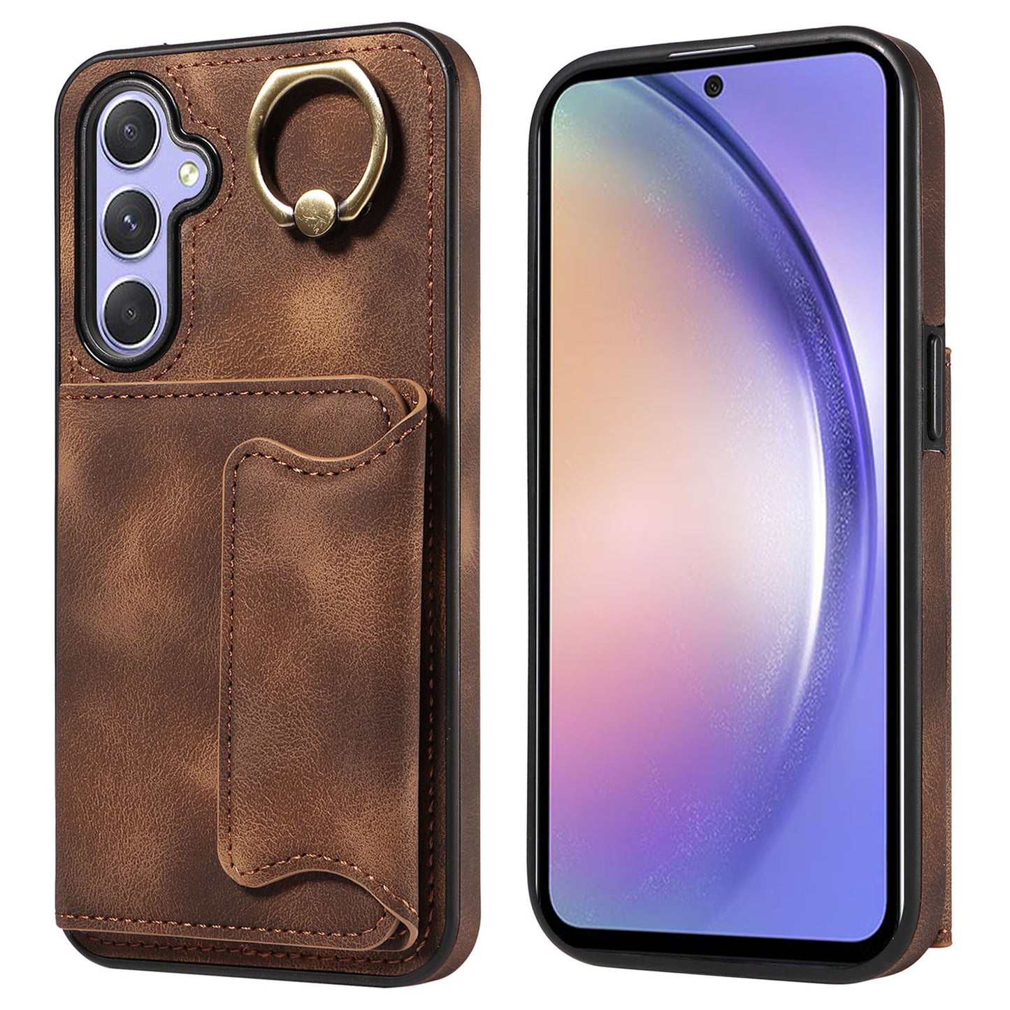 001 For Samsung Galaxy A54 5G Card Holder Phone Case Ring Kickstand Anti-drop PU Leather+TPU Cover