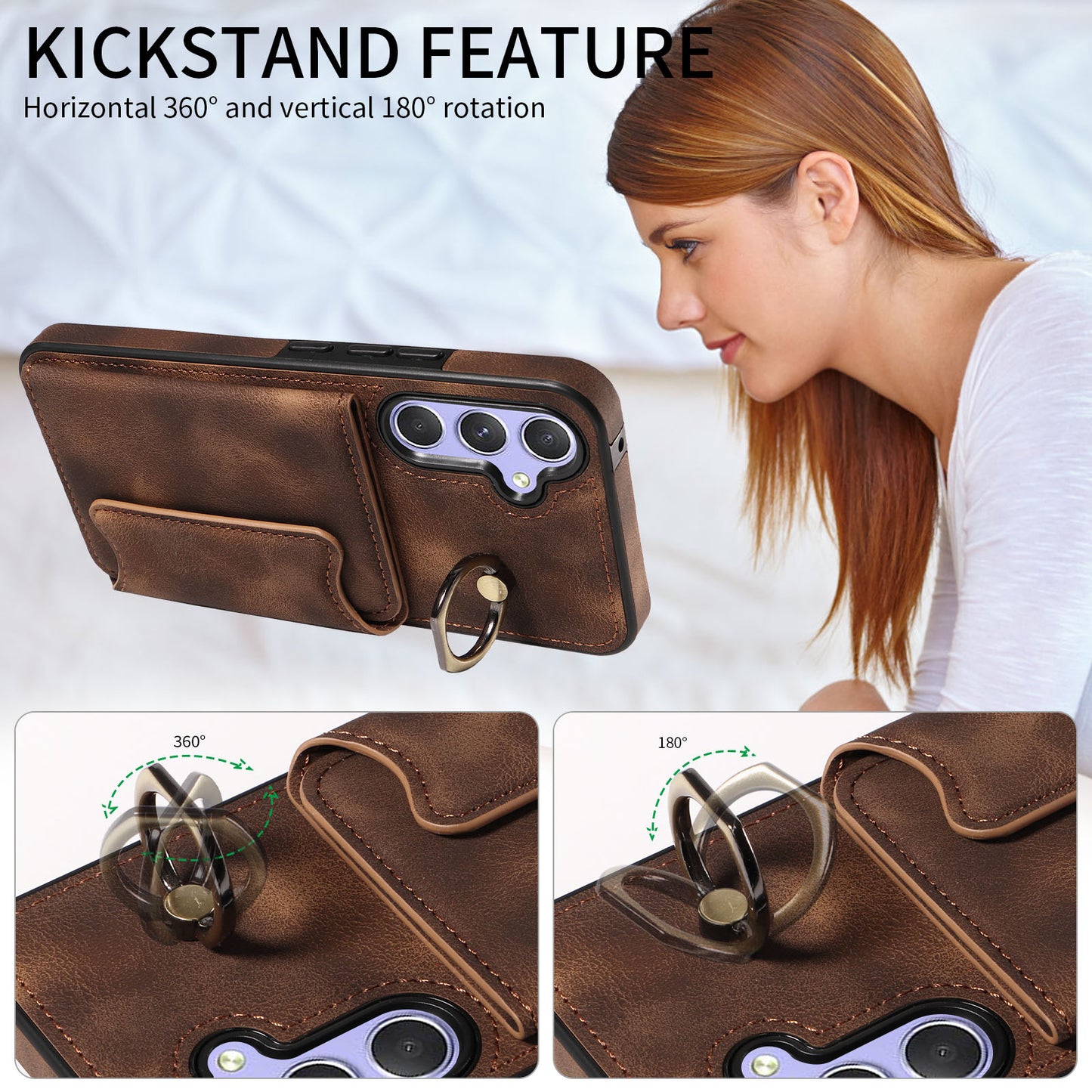 001 For Samsung Galaxy A54 5G Card Holder Phone Case Ring Kickstand Anti-drop PU Leather+TPU Cover