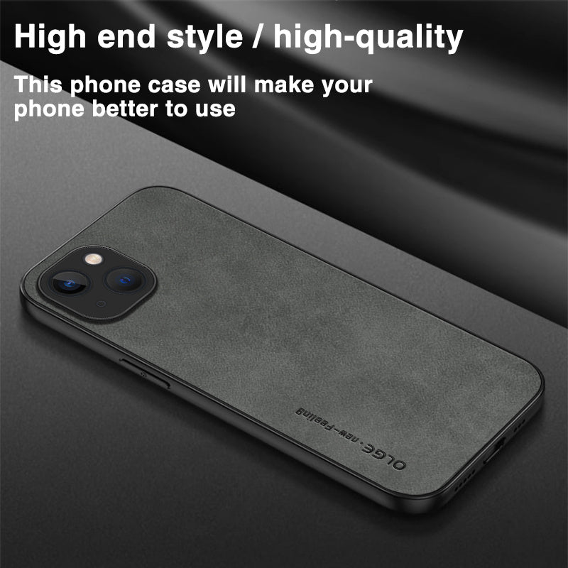 OLGE For iPhone 15 Shockproof Back Cover PU Leather Coated TPU Soft Touch Phone Case
