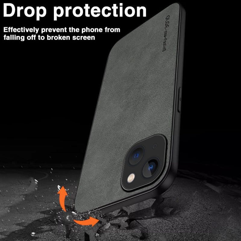 OLGE For iPhone 15 Shockproof Back Cover PU Leather Coated TPU Soft Touch Phone Case