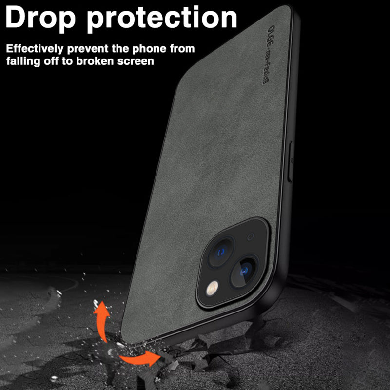 OLGE For iPhone 15 Shockproof Back Cover PU Leather Coated TPU Soft Touch Phone Case