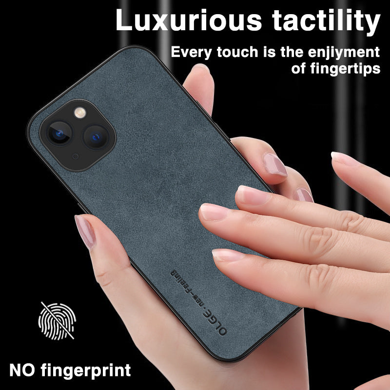 OLGE For iPhone 15 Shockproof Back Cover PU Leather Coated TPU Soft Touch Phone Case