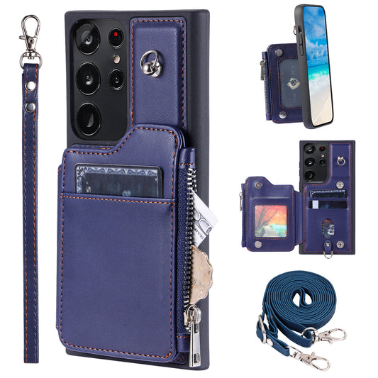 009 RFID Blocking Wallet Case for Samsung Galaxy S23 Ultra , PU Leather Coated TPU Kickstand Zipper Phone Cover with Straps