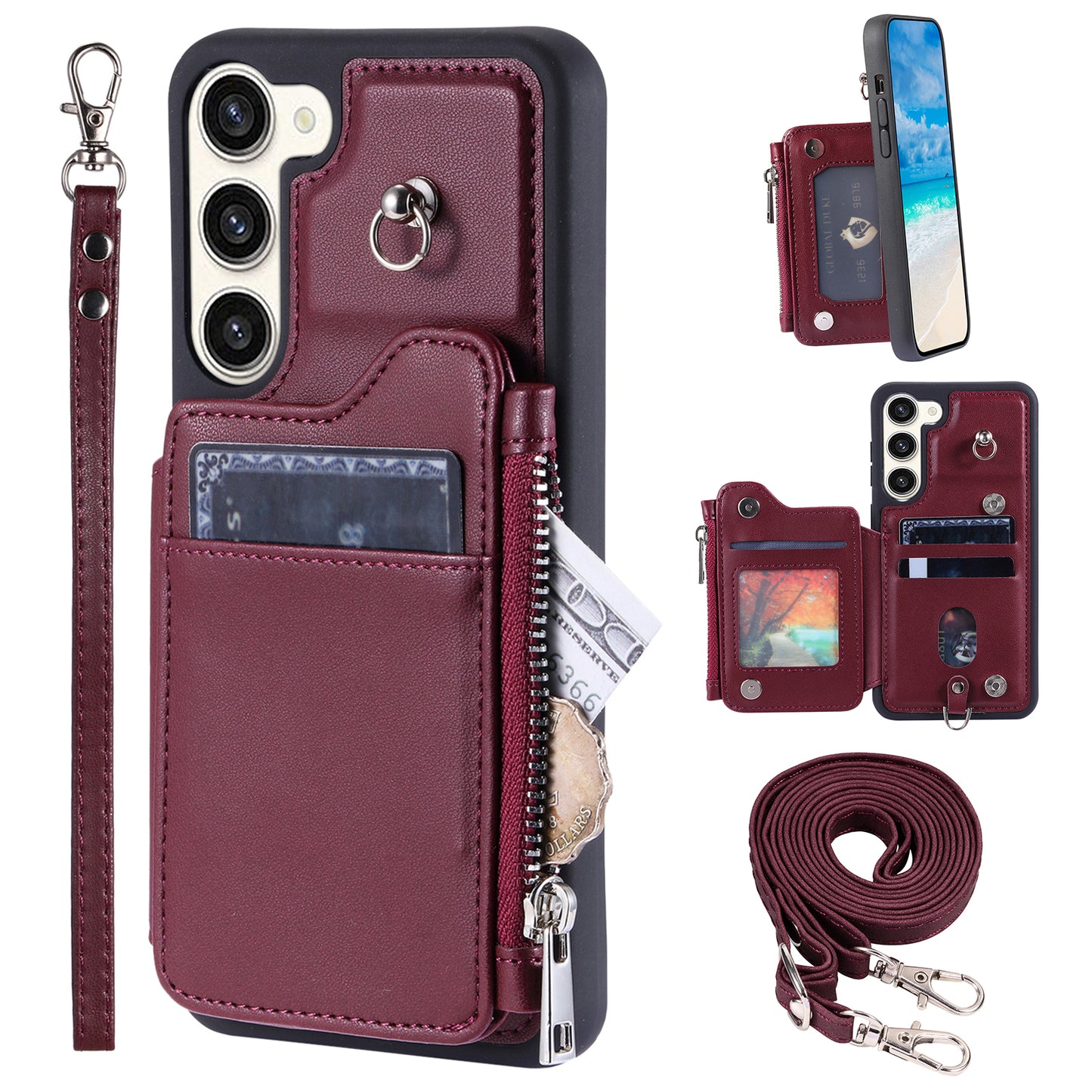 009 For Samsung Galaxy S23 PU Leather Coated TPU Zipper Phone Case Wallet Kickstand RFID Blocking Cover with Straps