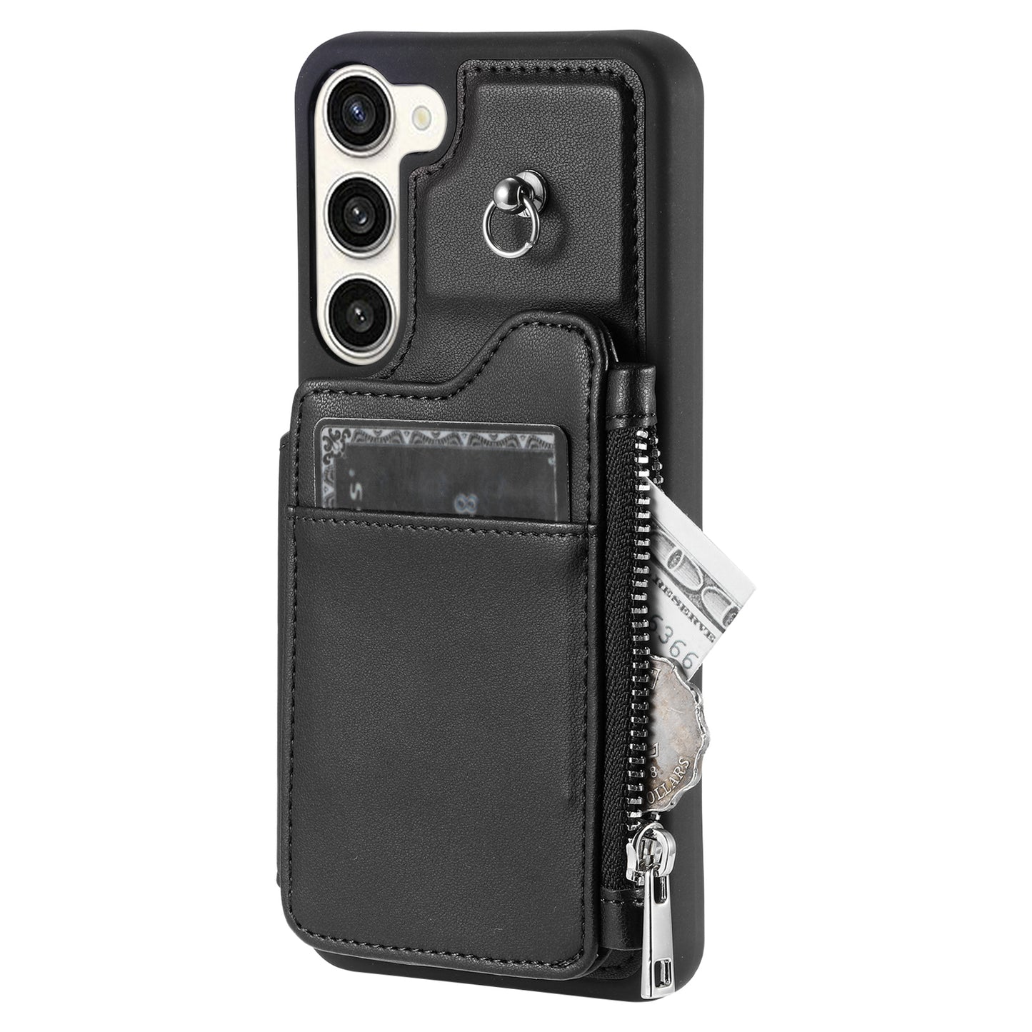 009 For Samsung Galaxy S23 PU Leather Coated TPU Zipper Phone Case Wallet Kickstand RFID Blocking Cover with Straps