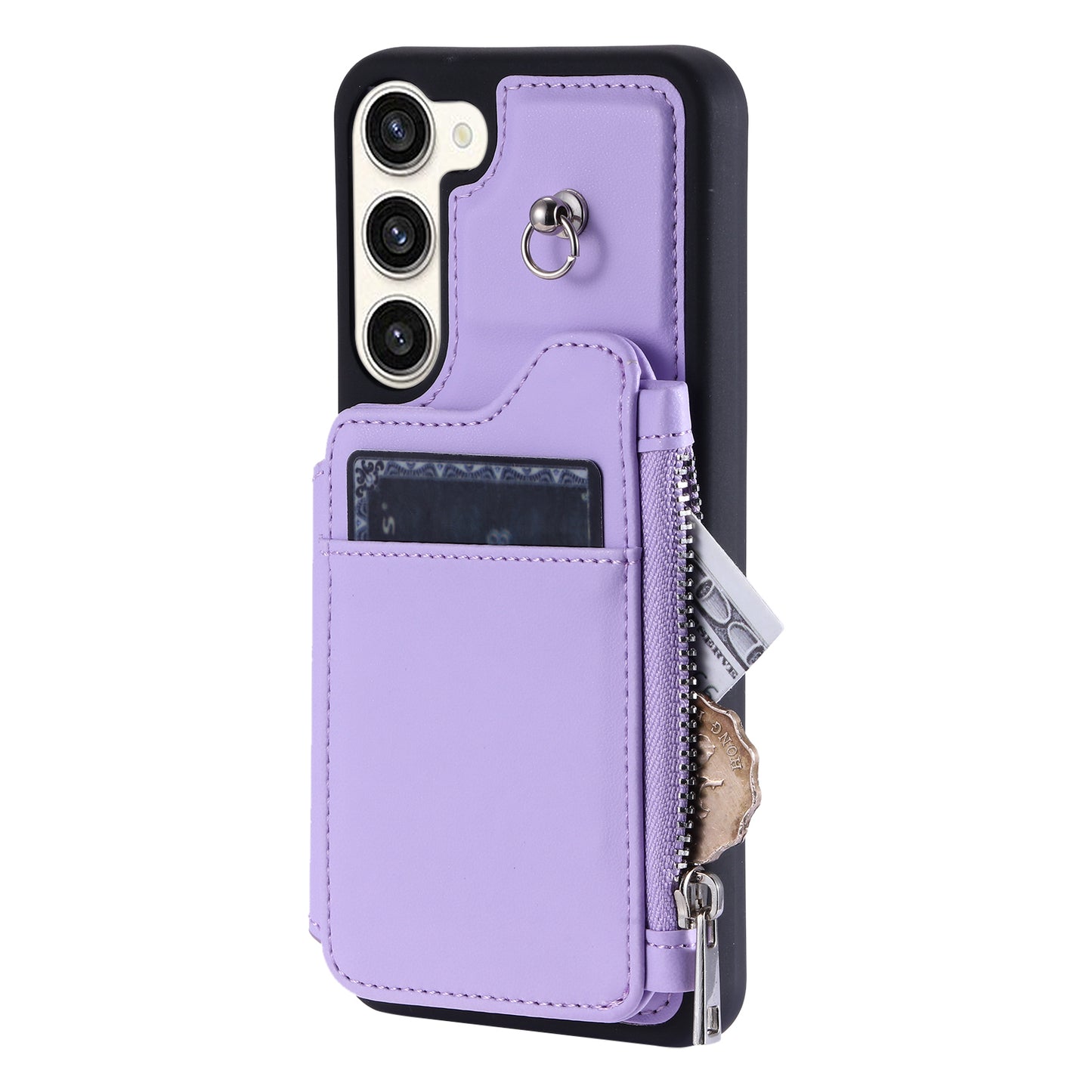 009 For Samsung Galaxy S23 PU Leather Coated TPU Zipper Phone Case Wallet Kickstand RFID Blocking Cover with Straps
