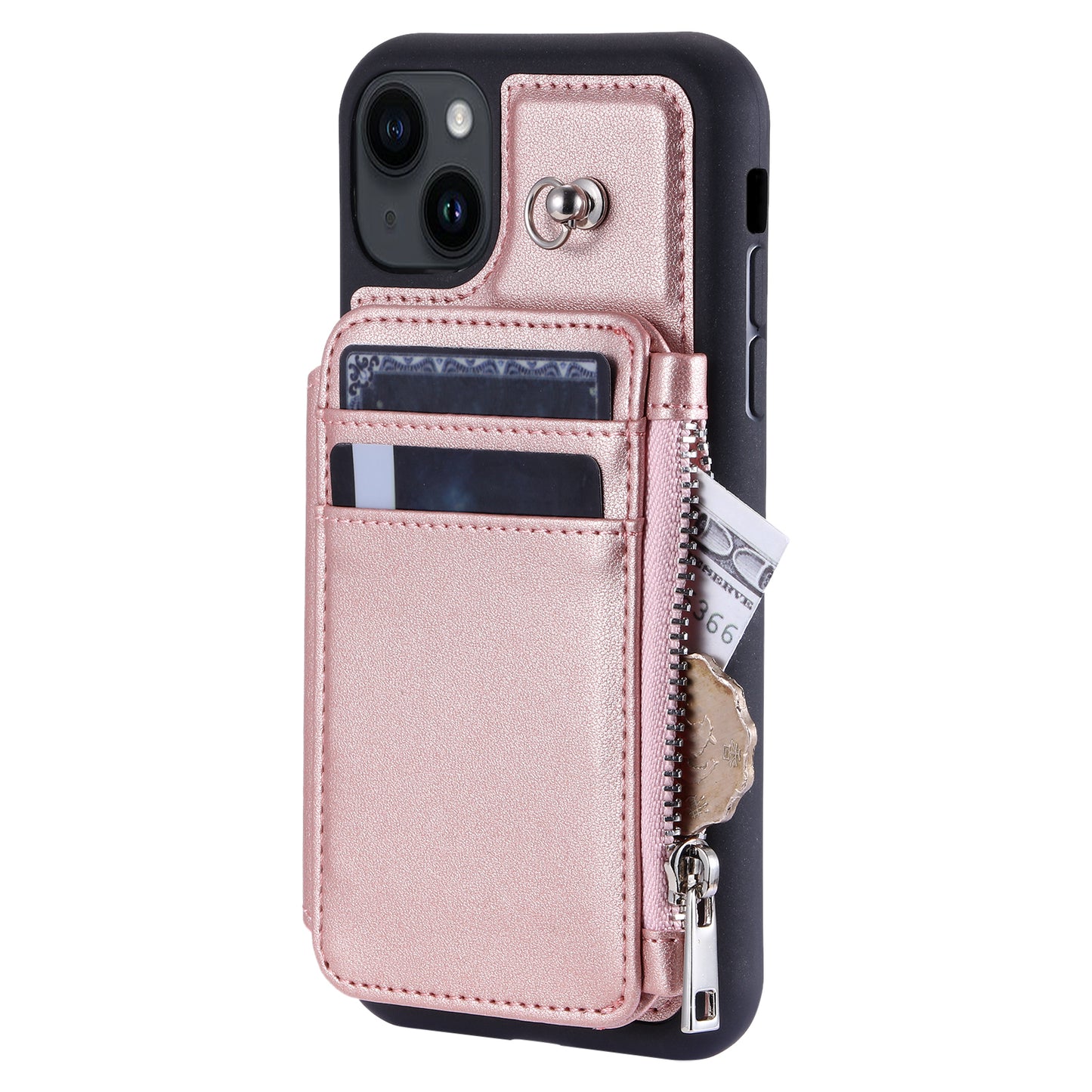 009 Anti-Scratch Phone Case for iPhone 15 , Wallet RFID Blocking PU+TPU Cover Kickstand Zipper Shell with Strap