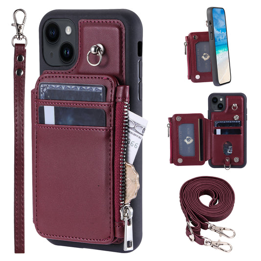009 For iPhone 15 Kickstand Phone Cover RFID Blocking PU+TPU Zipper Wallet Phone Case with Straps