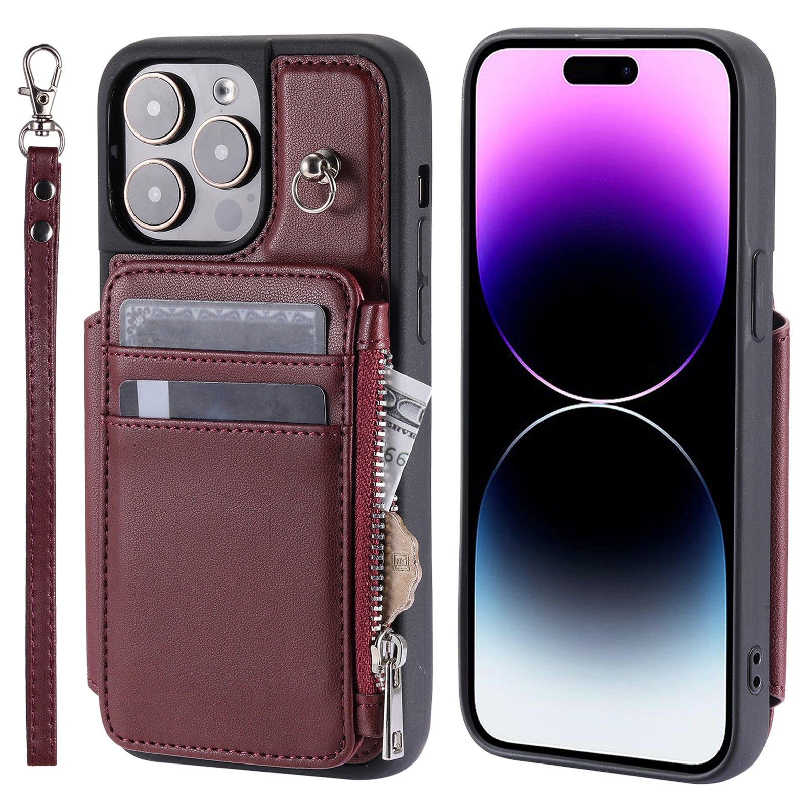 009 Protection Cover for iPhone 15 Pro Max , RFID Blocking PU+TPU Case Kickstand Zipper Wallet Shell with Strap