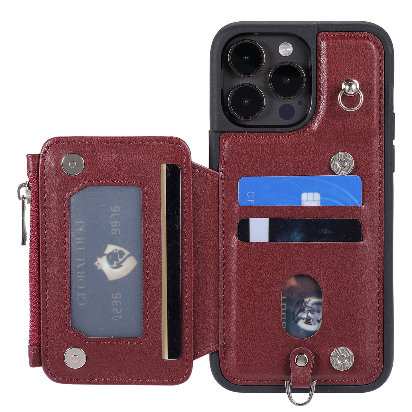 009 Protection Cover for iPhone 15 Pro Max , RFID Blocking PU+TPU Case Kickstand Zipper Wallet Shell with Strap