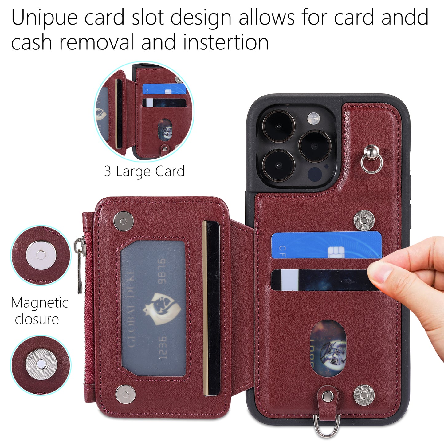 009 Protection Cover for iPhone 15 Pro Max , RFID Blocking PU+TPU Case Kickstand Zipper Wallet Shell with Strap