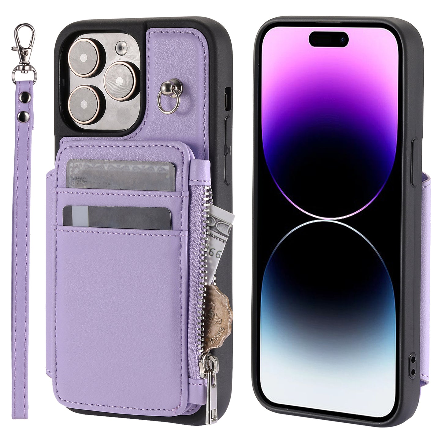 009 Protection Cover for iPhone 15 Pro Max , RFID Blocking PU+TPU Case Kickstand Zipper Wallet Shell with Strap