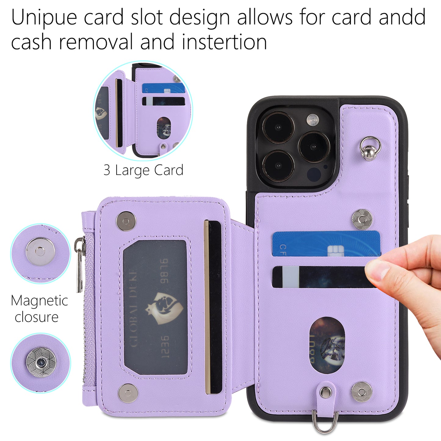 009 Protection Cover for iPhone 15 Pro Max , RFID Blocking PU+TPU Case Kickstand Zipper Wallet Shell with Strap
