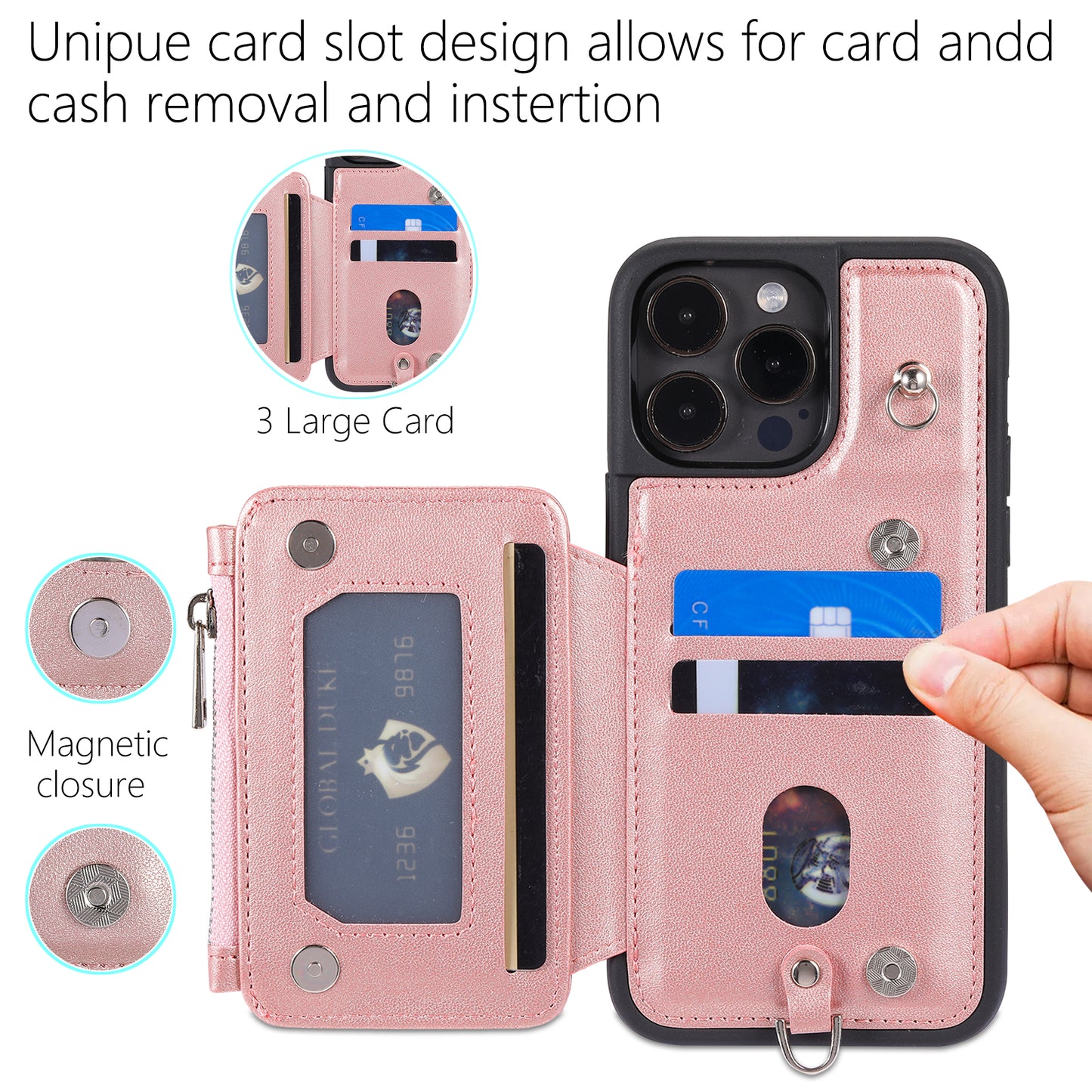 009 Protection Cover for iPhone 15 Pro Max , RFID Blocking PU+TPU Case Kickstand Zipper Wallet Shell with Strap