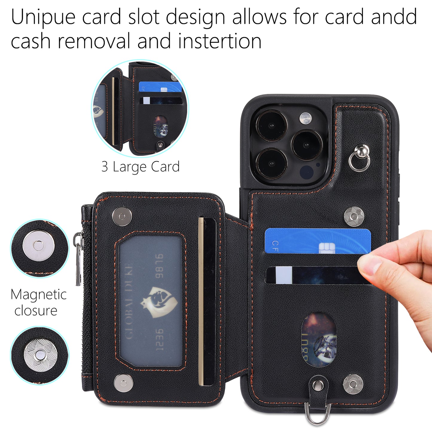 009 Protection Cover for iPhone 15 Pro Max , RFID Blocking PU+TPU Case Kickstand Zipper Wallet Shell with Strap