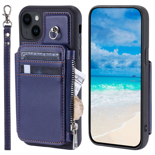 009 Cell Phone Case for iPhone 15 Plus , Kickstand Zipper Wallet RFID Blocking PU+TPU Cover with Strap