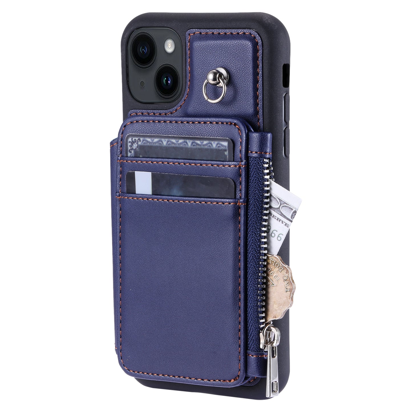 009 Cell Phone Case for iPhone 15 Plus , Kickstand Zipper Wallet RFID Blocking PU+TPU Cover with Strap