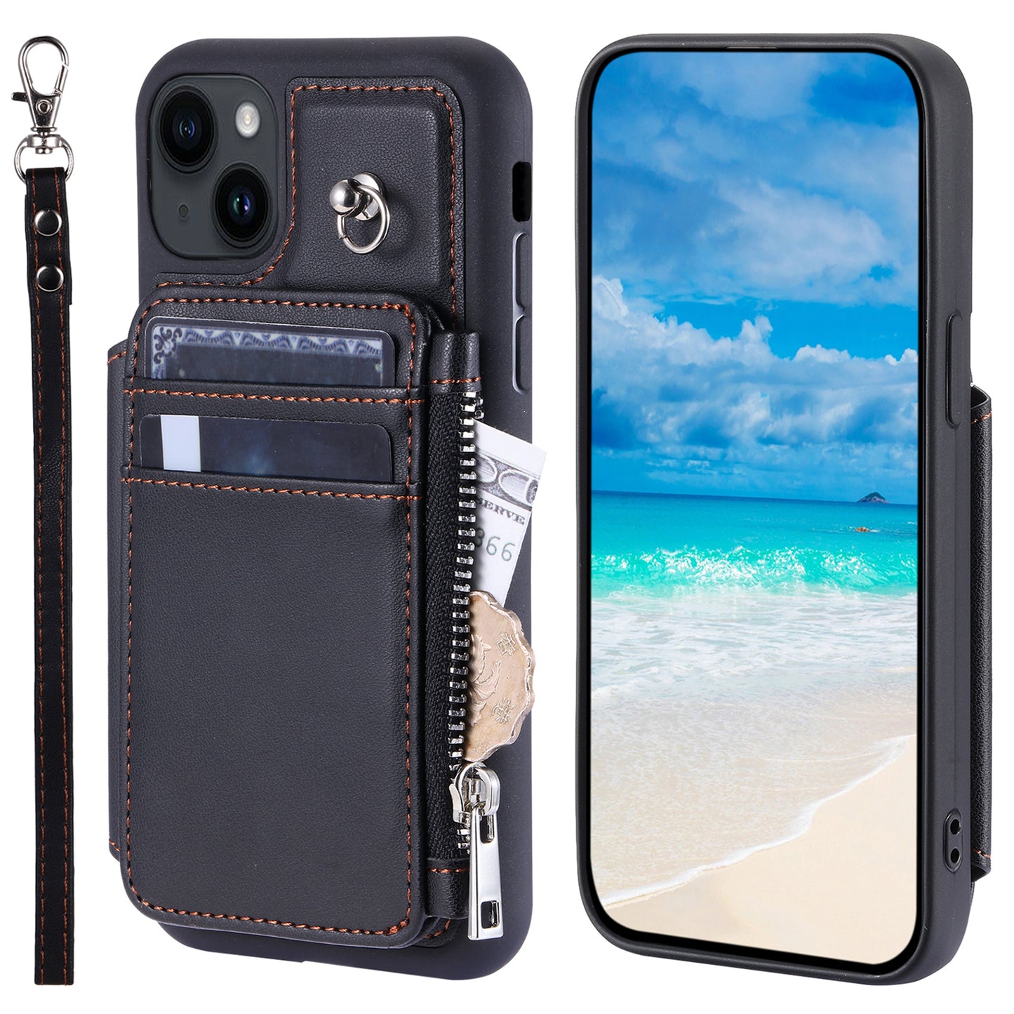 009 Cell Phone Case for iPhone 15 Plus , Kickstand Zipper Wallet RFID Blocking PU+TPU Cover with Strap
