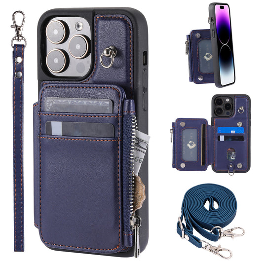 009 Kickstand Phone Case for iPhone 15 Pro Max Zipper Wallet Phone Cover RFID Blocking PU+TPU Case with Straps