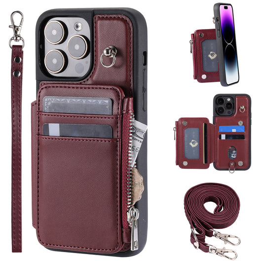 009 Kickstand Phone Case for iPhone 15 Pro Max Zipper Wallet Phone Cover RFID Blocking PU+TPU Case with Straps