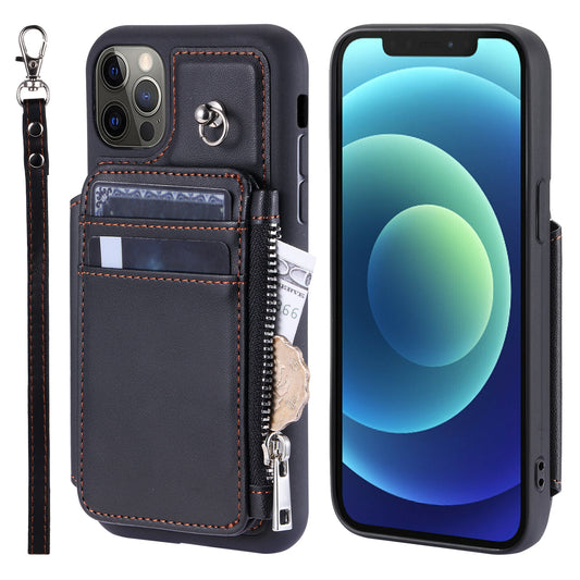 009 Phone Case for iPhone 12 / 12 Pro 6.1 inch , RFID Blocking PU+TPU Cover Kickstand Zipper Wallet Shell with Strap
