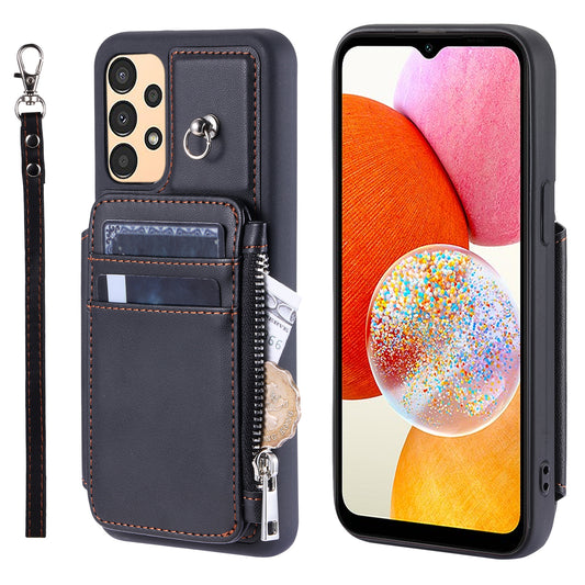 009 Phone Case for Samsung Galaxy A14 4G / 5G , RFID Blocking PU+TPU Anti-drop Cover Kickstand Zipper Wallet Shell with Strap