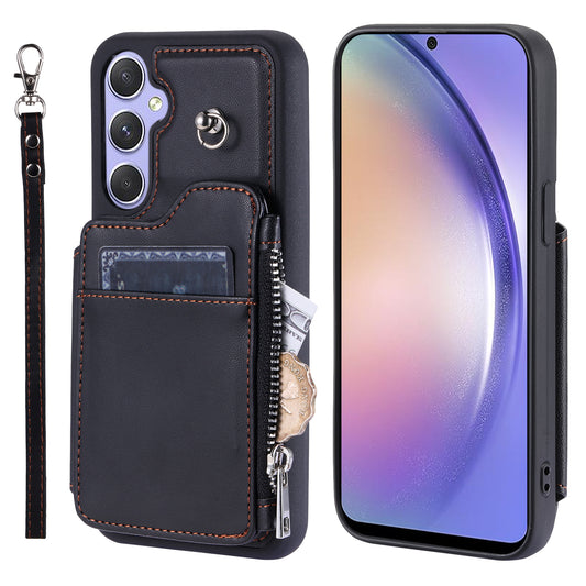 009 Phone Case for Samsung Galaxy A54 5G , RFID Blocking PU+TPU Bump Proof Cover Kickstand Zipper Wallet Shell with Strap