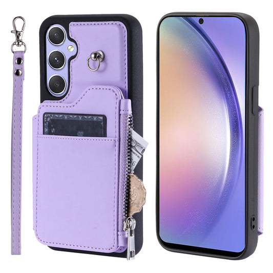 009 Phone Case for Samsung Galaxy A54 5G , RFID Blocking PU+TPU Bump Proof Cover Kickstand Zipper Wallet Shell with Strap