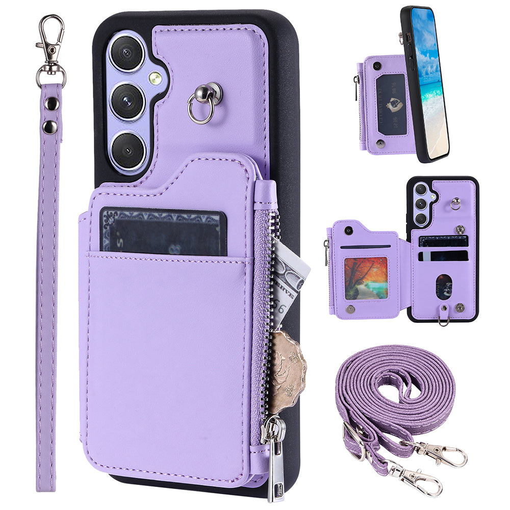 009 For Samsung Galaxy A54 5G RFID Blocking Zipper Wallet Protective Case PU Leather+TPU Kickstand Phone Cover with Straps