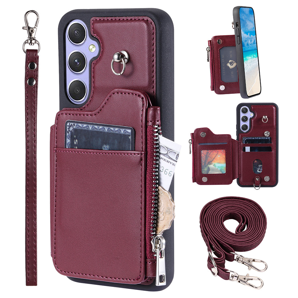 009 For Samsung Galaxy A54 5G RFID Blocking Zipper Wallet Protective Case PU Leather+TPU Kickstand Phone Cover with Straps