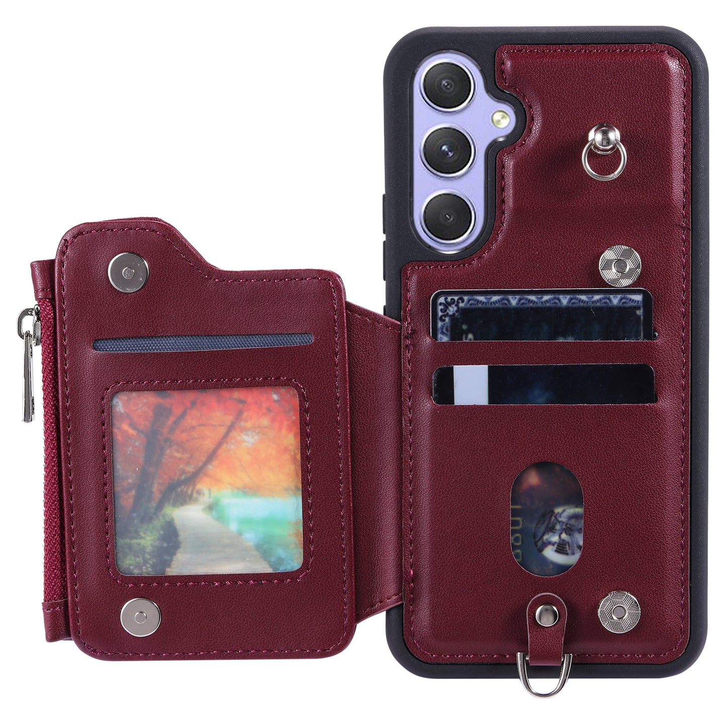 009 For Samsung Galaxy A54 5G RFID Blocking Zipper Wallet Protective Case PU Leather+TPU Kickstand Phone Cover with Straps