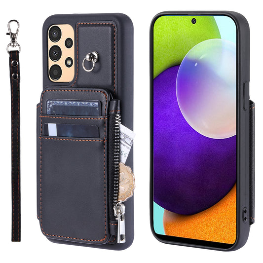 009 For Samsung Galaxy A52 4G / A52 5G / 52s 5G RFID Blocking Phone Case PU+TPU Cover Kickstand Zipper Wallet Shell with Strap
