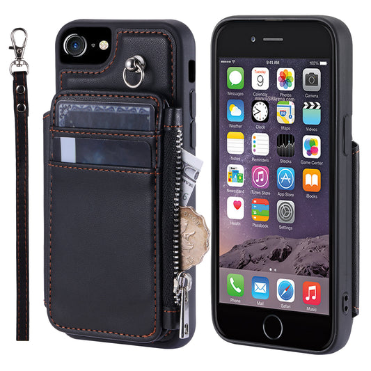 009 Cell Phone Back Case for iPhone 6 / 6s / 7 / 8 / SE (2020) / SE (2022) , RFID Blocking PU+TPU Cover Kickstand Zipper Wallet Shell with Strap