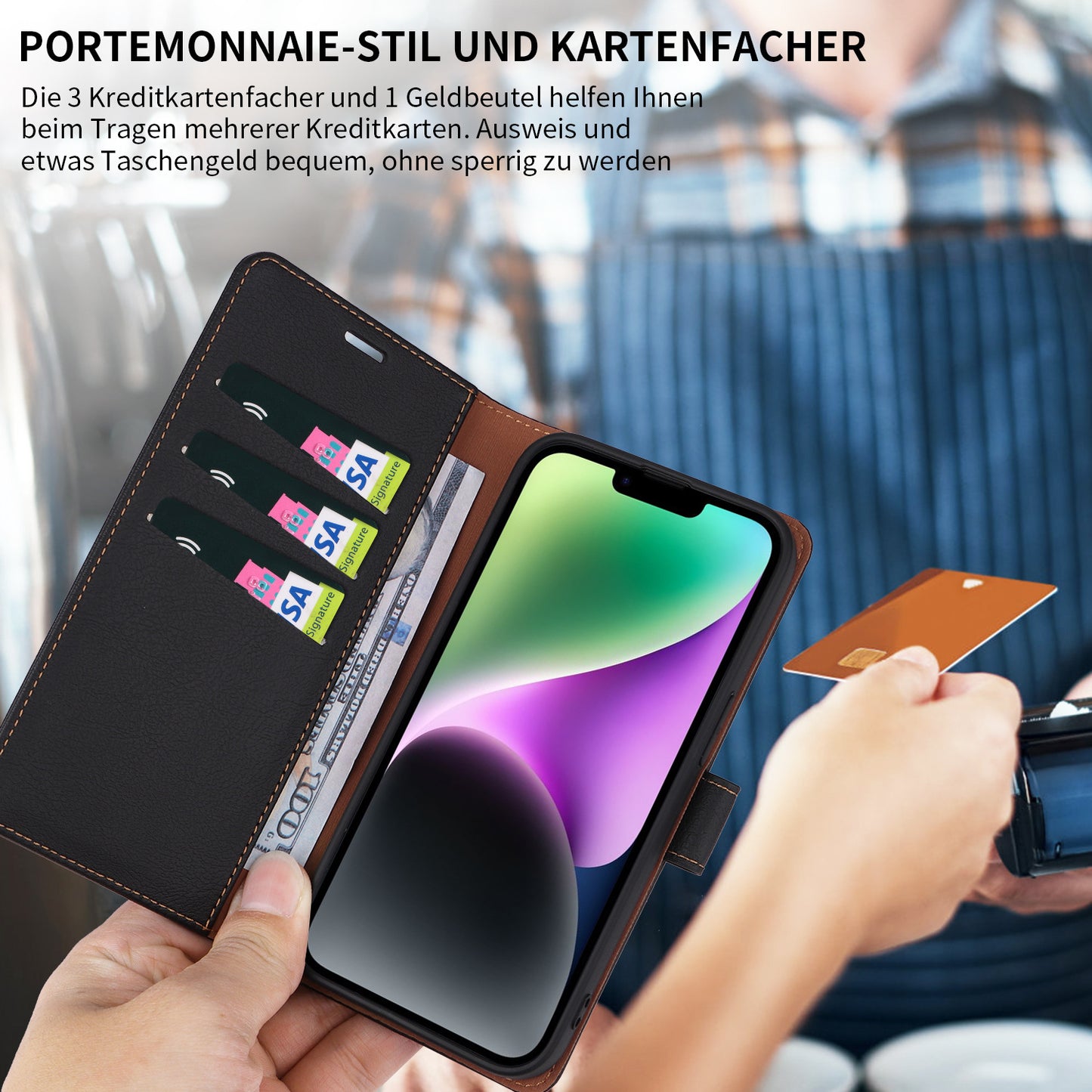 001 For iPhone 15 Pro RFID Blocking Wallet  Magnetic Closure Phone Case PU Leather Stand Cover