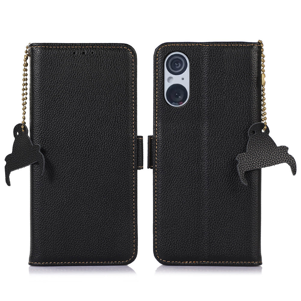 RFID Blocking Shell for Sony Xperia 5 V , Litchi Texture Genuine Cow Leather Phone Case Wallet Stand Cover