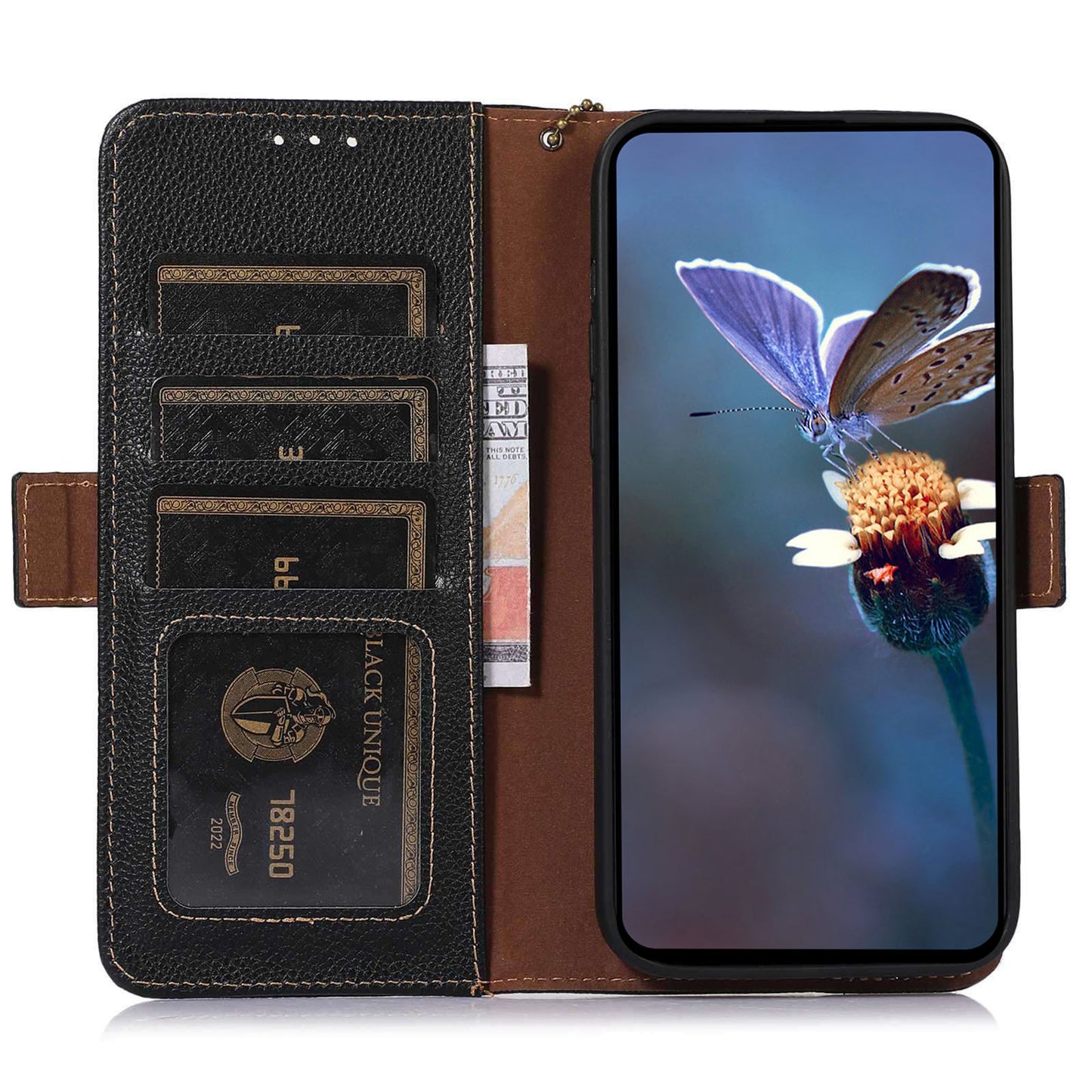 RFID Blocking Shell for Sony Xperia 5 V , Litchi Texture Genuine Cow Leather Phone Case Wallet Stand Cover