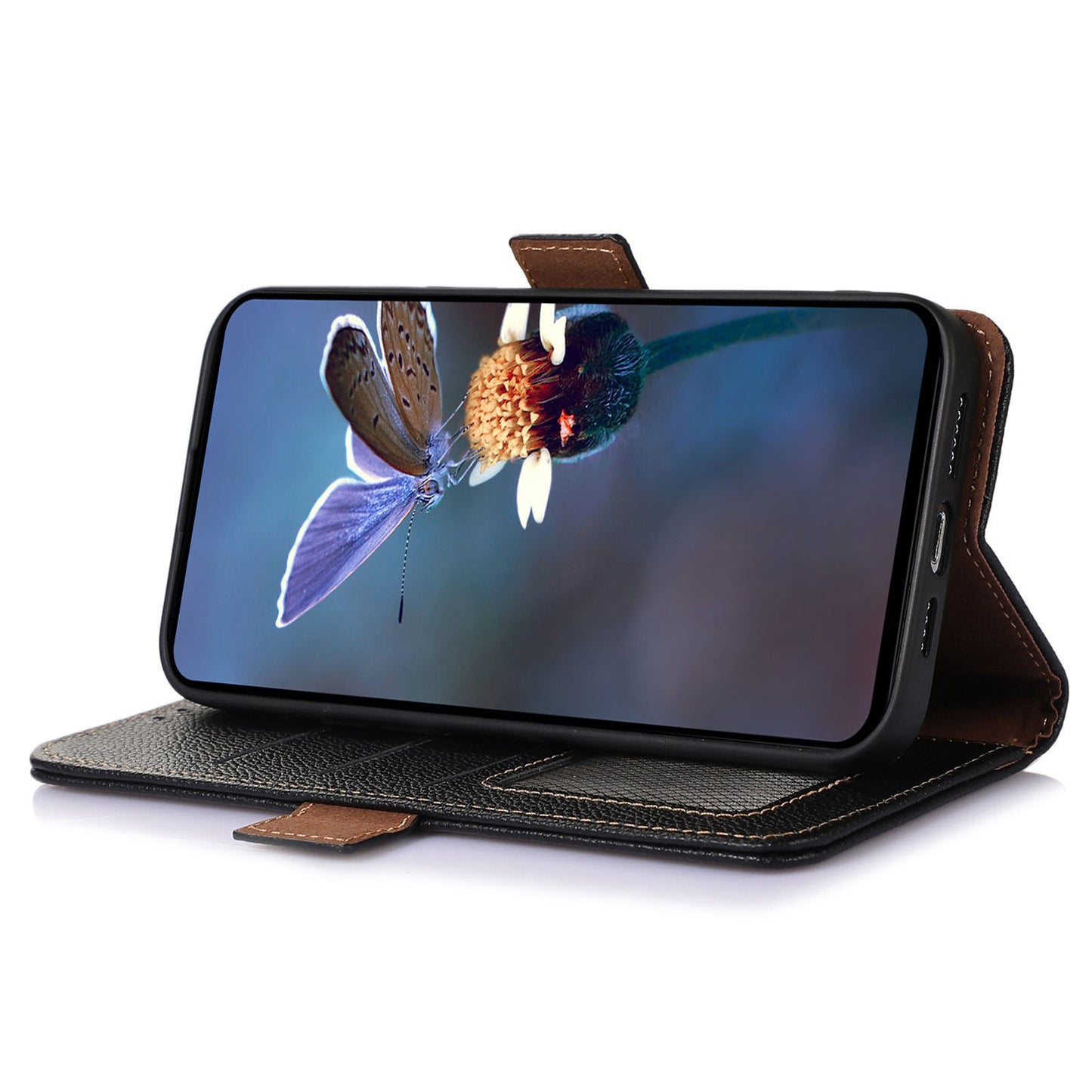 RFID Blocking Shell for Sony Xperia 5 V , Litchi Texture Genuine Cow Leather Phone Case Wallet Stand Cover