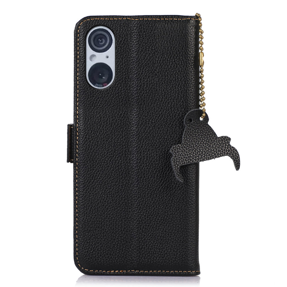 RFID Blocking Shell for Sony Xperia 5 V , Litchi Texture Genuine Cow Leather Phone Case Wallet Stand Cover