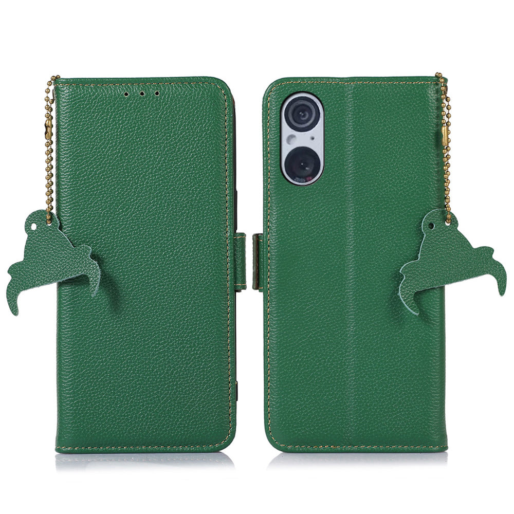 RFID Blocking Shell for Sony Xperia 5 V , Litchi Texture Genuine Cow Leather Phone Case Wallet Stand Cover