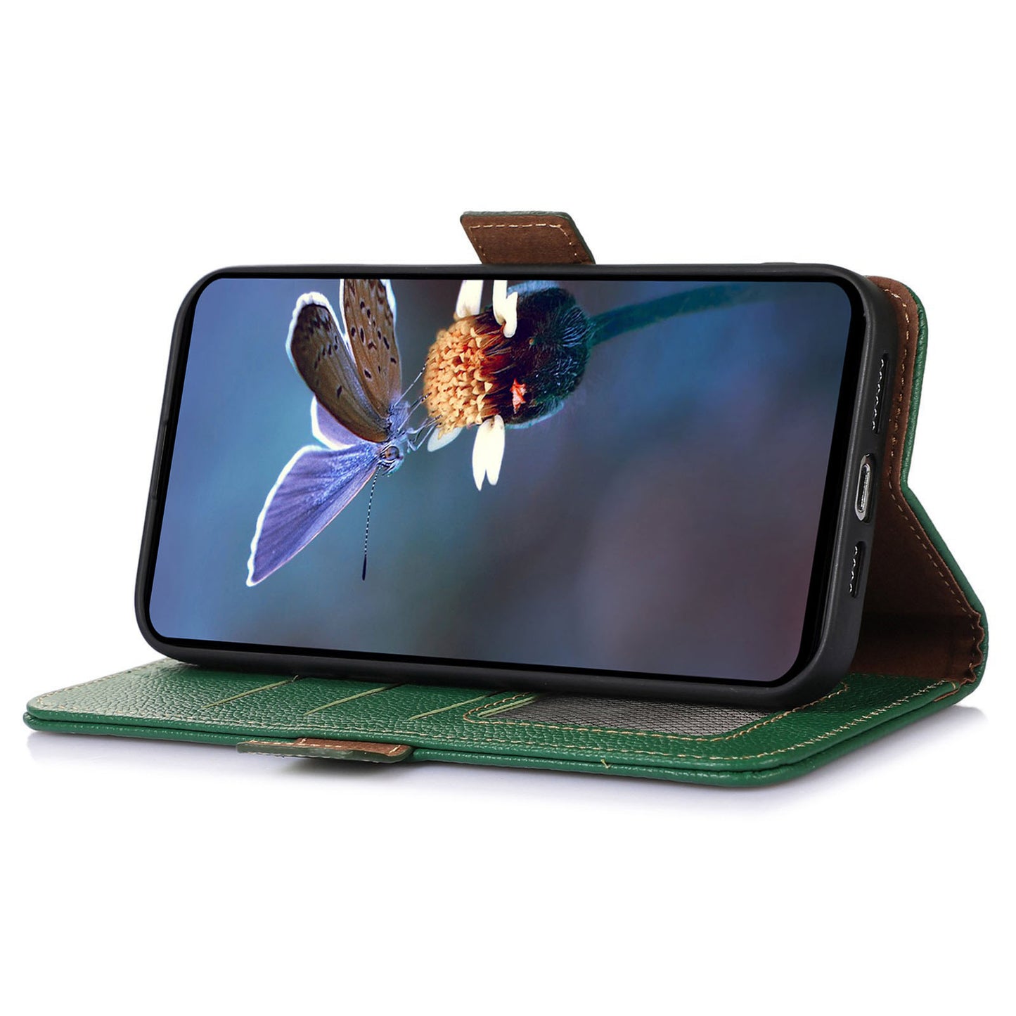 RFID Blocking Shell for Sony Xperia 5 V , Litchi Texture Genuine Cow Leather Phone Case Wallet Stand Cover