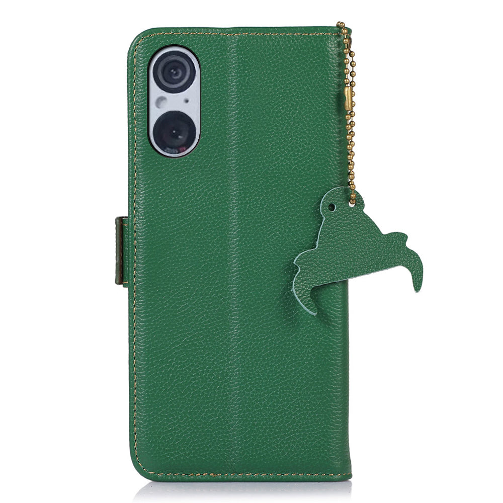 RFID Blocking Shell for Sony Xperia 5 V , Litchi Texture Genuine Cow Leather Phone Case Wallet Stand Cover