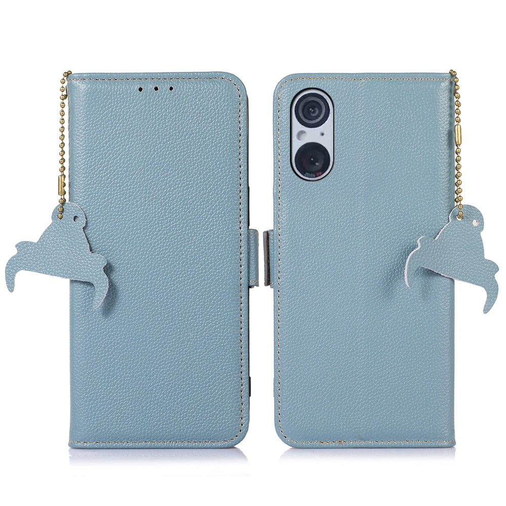 RFID Blocking Shell for Sony Xperia 5 V , Litchi Texture Genuine Cow Leather Phone Case Wallet Stand Cover
