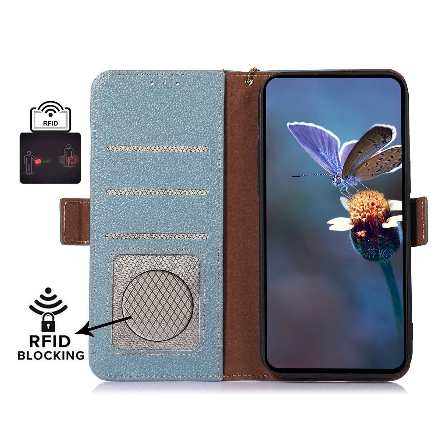 RFID Blocking Shell for Sony Xperia 5 V , Litchi Texture Genuine Cow Leather Phone Case Wallet Stand Cover