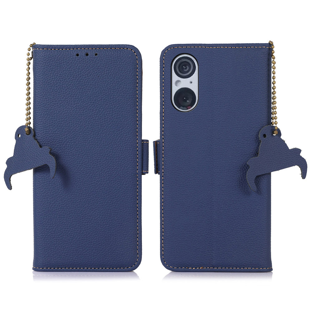 RFID Blocking Shell for Sony Xperia 5 V , Litchi Texture Genuine Cow Leather Phone Case Wallet Stand Cover