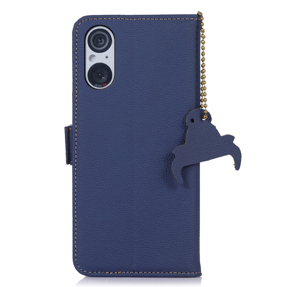 RFID Blocking Shell for Sony Xperia 5 V , Litchi Texture Genuine Cow Leather Phone Case Wallet Stand Cover