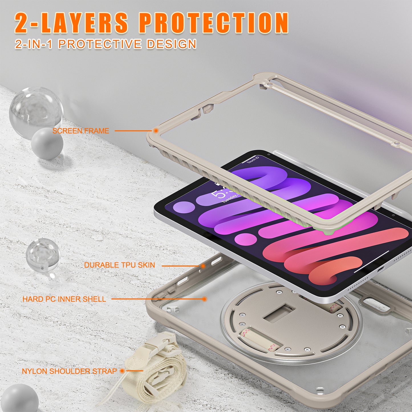 For iPad mini (2021) Tablet Case PC+TPU Kickstand Cover with Shoulder Strap / Hand Strap
