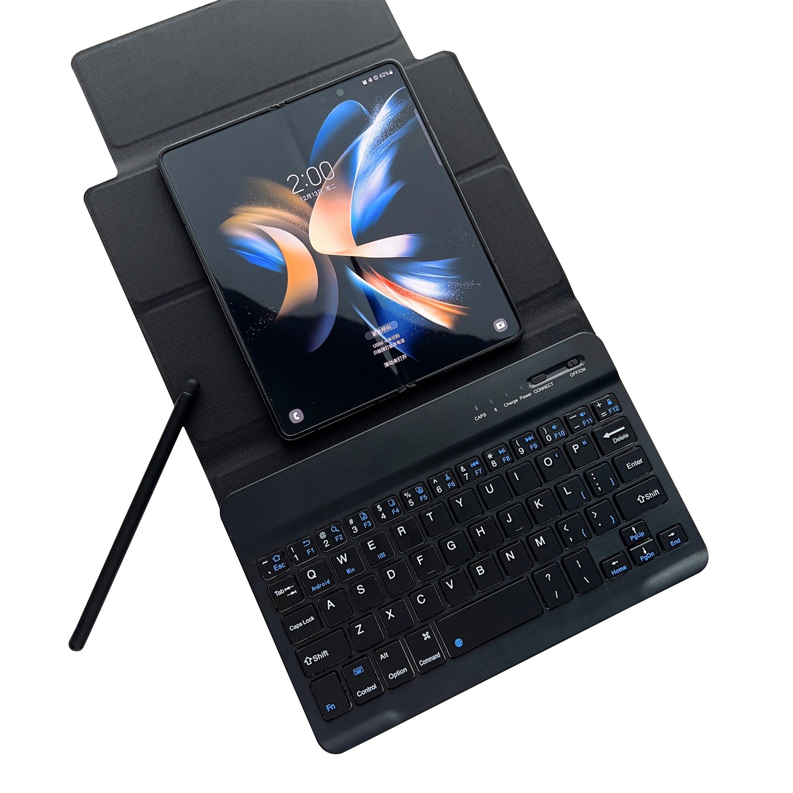 For Folding Phone Kevlar Texture PU Leather Case Flip Stand Pen Holder Cover Bluetooth Wireless Keyboard with Stylus Pen