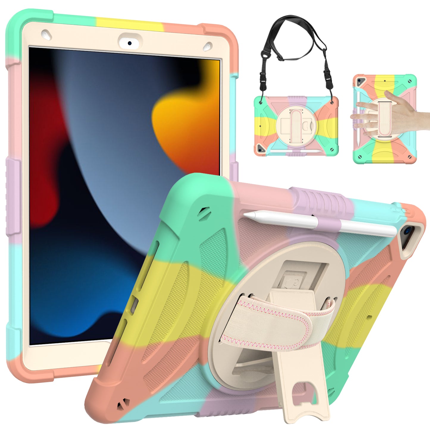 For iPad 10.2 (2021) / (2019) / (2020) / Air 10.5 inch (2019) Shockproof Case Rotating Kickstand Silicone+PC Tablet Cover with Shoulder Strap