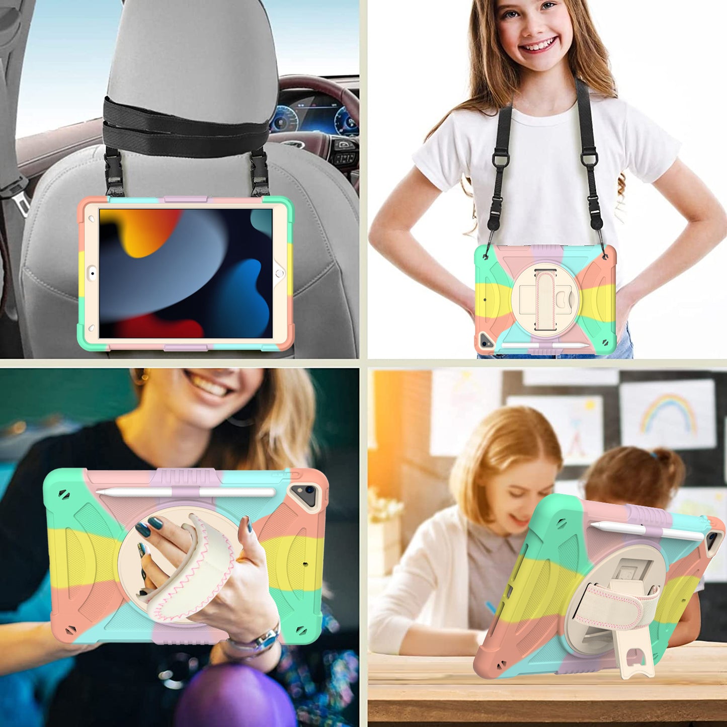 For iPad 10.2 (2021) / (2019) / (2020) / Air 10.5 inch (2019) Shockproof Case Rotating Kickstand Silicone+PC Tablet Cover with Shoulder Strap